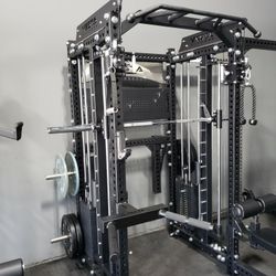 NEW Squat Rack Smith Machine Functional Trainer Cable Cross Over  Adjustable Bench Press 45lb Barbell Bumper Plates Home Gym 