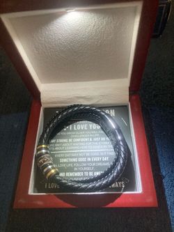 Black Braided Leather Bracelet with Gold Accents