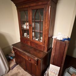 1800’s Antique Wood China Cabinet Handmade Dovetail Joints Excellent Condition 2 Pieces 