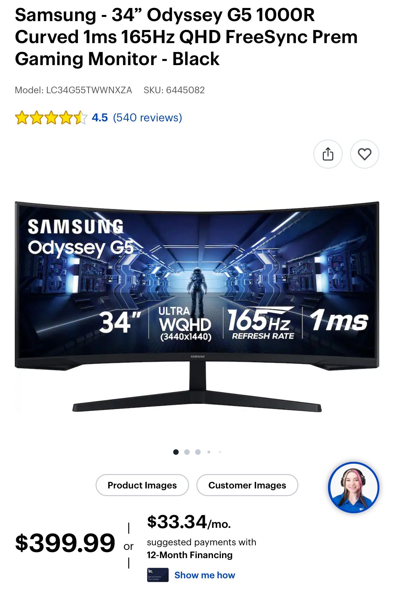 Samsung - 34" Odyssey G5 1000R Curved 1ms 165Hz QHD FreeSync Prem Gaming Monitor