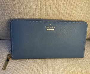 Kate Spade New York Blue Saffiano Leather Zip Around Continental Wallet Gold