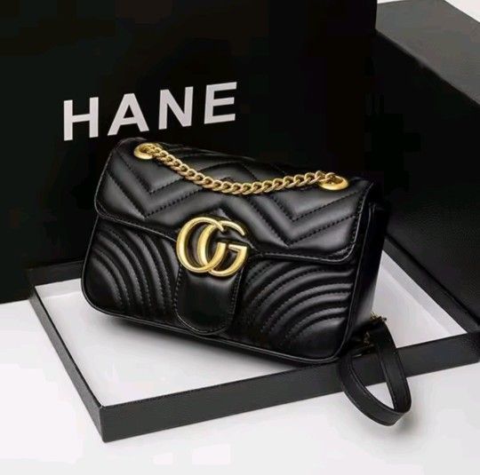 Black Quilted Chain Shoulder Bag with Gold Detail