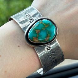 Native American 925 Sterling Silver & Turquoise Cuff Bracelet Signed