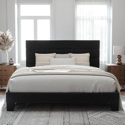 King Size Platform Bed Frame with Velvet Upholstered Headboard and Wooden Slats Support, Fully Upholstered Mattress Foundation/No Box Spring Needed/Ea
