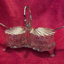 Vintage Silver Plated Shell Condiment Caddy Glass Bowls & Stainless Spoons 