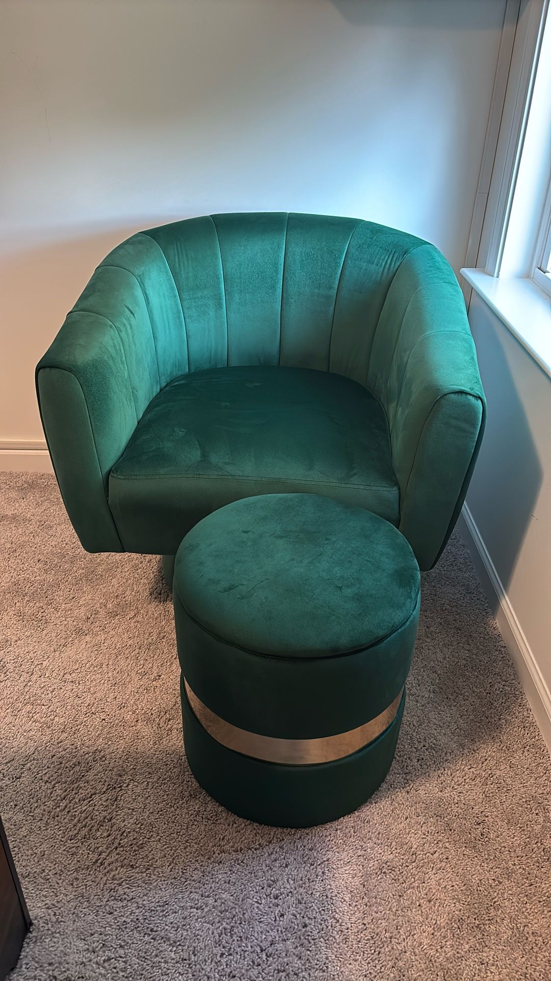 Modern Velvet  Swivel Single Accent Chair with Velvet Storage Ottoman Round Foot Stool Metal Band