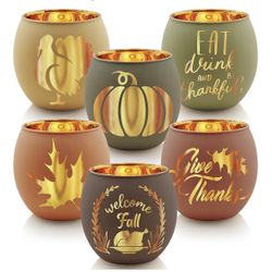 Thanksgiving Fall Autumn Votive Candle Holder Set of 6 Glass Laser Cut Tealight Candle Holders 
