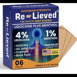 NIB 2028 Expiration 24 ct Re-lieved 4% Lidocaine Patches w/Menthol Max Strength Pain Relief 3x6