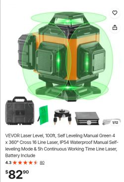 VEVOR Laser Level, 100ft, Self Leveling Manual Green 4 x 360° Cross 16 Line Laser, IP54 Waterproof Manual Self-leveling Mode & 5h Continuous Working T