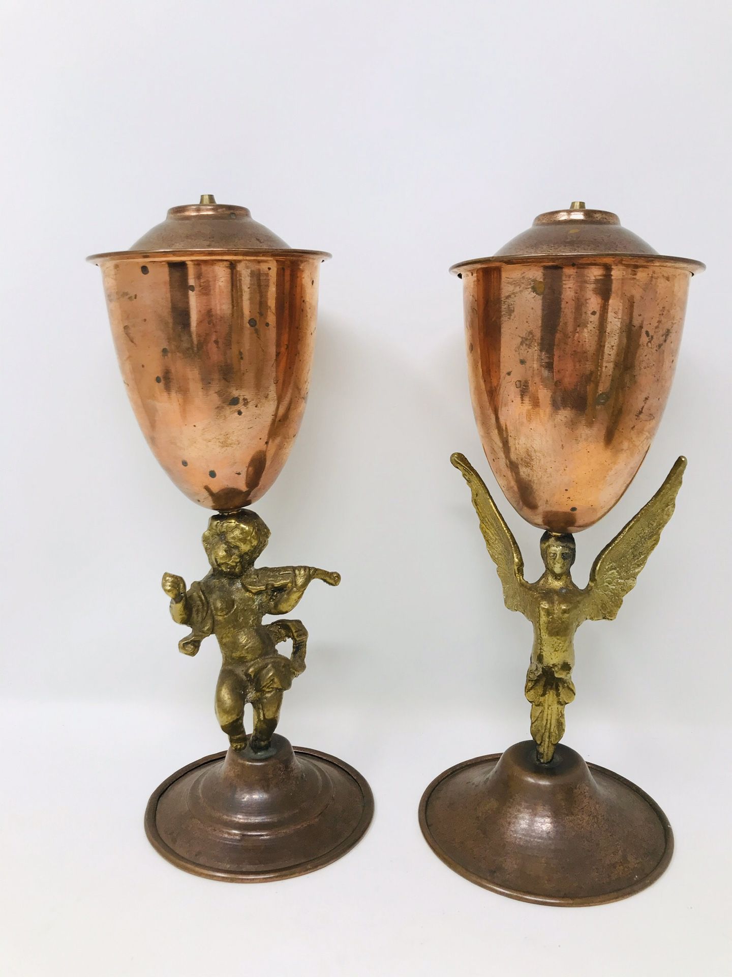 Vintage Gilded Brass Figural - Copper Oil Lamps Set of 2