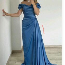 Baby Blue Off Shoulder Satin Prom Dress