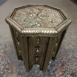 Antique authentic wood morrocan side table with metal inlay vintage