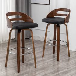 Bar Stools Set of 2, Swivel Bar Height Stools with Walnut Bentwood, Low Back, Upholstered Faux Leather, Soft Cushion Seat, Mid Century Bar Stools for 