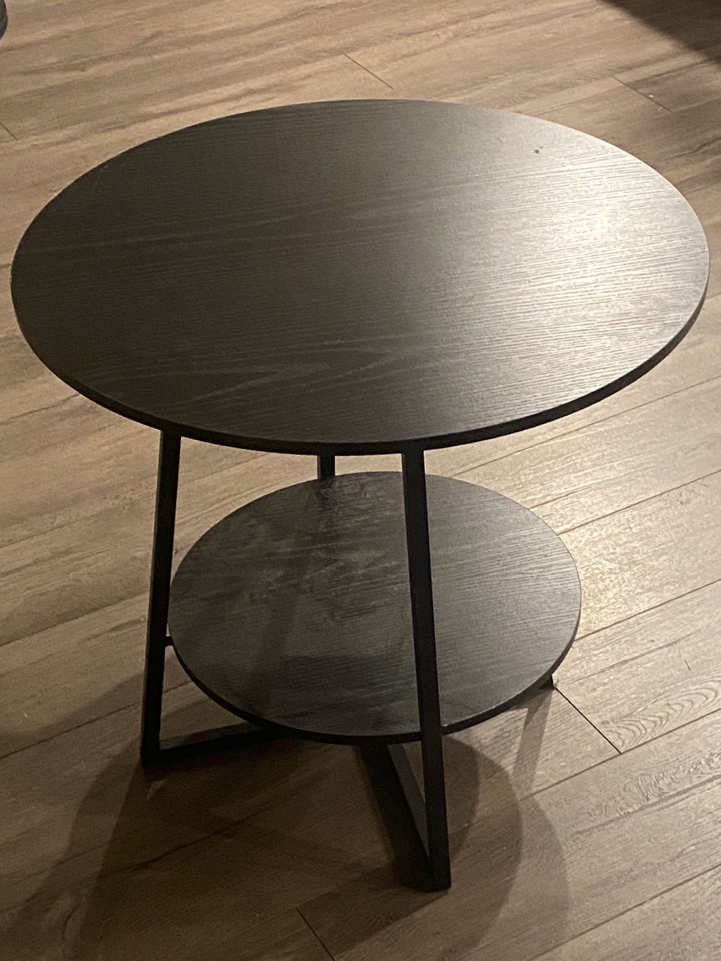Modern Round Coffee Table With The Black Wood Top And Bottom Shelf, Matte Black Metal Base 26” In Diameter H18”