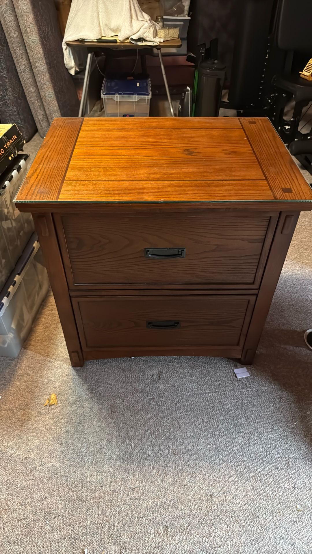 Glass Top, Solid Wood, 2 Drawer File Cabinet.