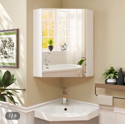 Corner Cabinet with Mirror with Open Mirror Door and Adjustable Shelf