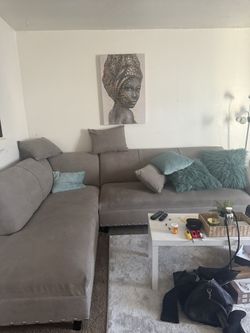 Gray fabric sectional Sofa With Nailhead Trim