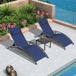 Patio Chaise Lounge Set Outdoor Beach Pool Sunbathing Lawn Lounger Recliner Outside Tanning Chairs with Arm for All Weather Side Table Included Navy B