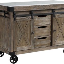 Farmhouse Rustic Marble Top Weathered Gray Finish Kitchen Island