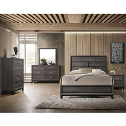Brand New Gray Queen Bedframe + Dresser + Mirror + Nightstand 4PCs Bedroom Set
