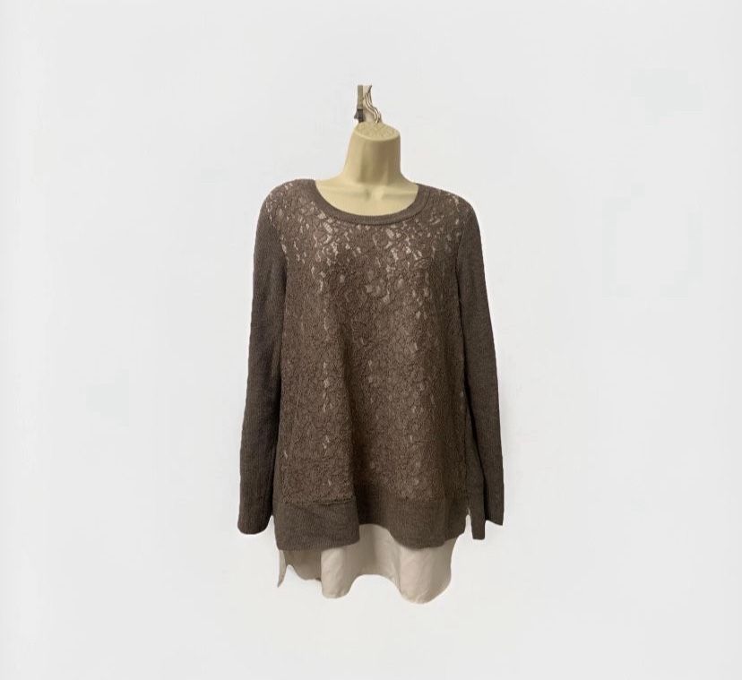 Adult Women Large Brown Sweater Scoop Neck Knit Front Under Shirt Long Sleeve Simply Vera Wang