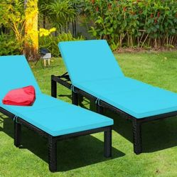 Set Of Two Lounge Chairs With Blue Cushions 