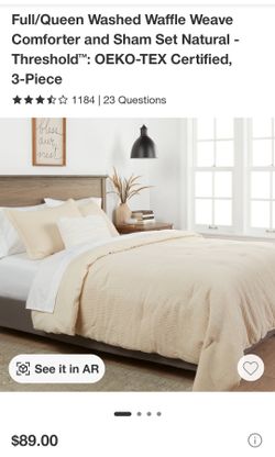 Full/Queen Washed Waffle Weave Comforter and Sham Set Natural - Threshold"": OEKO-TEX Certified, 3-Piece