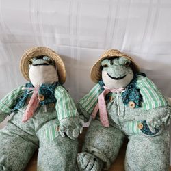 Handmade Twin Frogs. 16" tall. Makes croaking sound when squeezing feet.