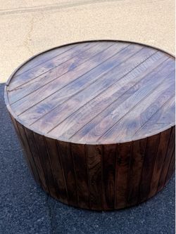 34 Inch Handmade Wooden Round Coffee Table with Plank Design, Burned Brown