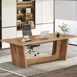 JW0903 70.87-Inch Executive Wood Computer Desk: Large Home Office Desk with Solid Wooden Pedestal, Industrial Study Writing Table, Workstation Busines