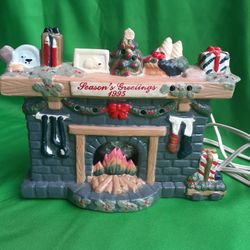 Vintage Lighted Ceramic Christmas Fireplace Figurine