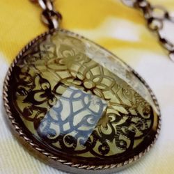 Amber Acrylic Pendant With Gunmetal Grey Hardware Long Necklace