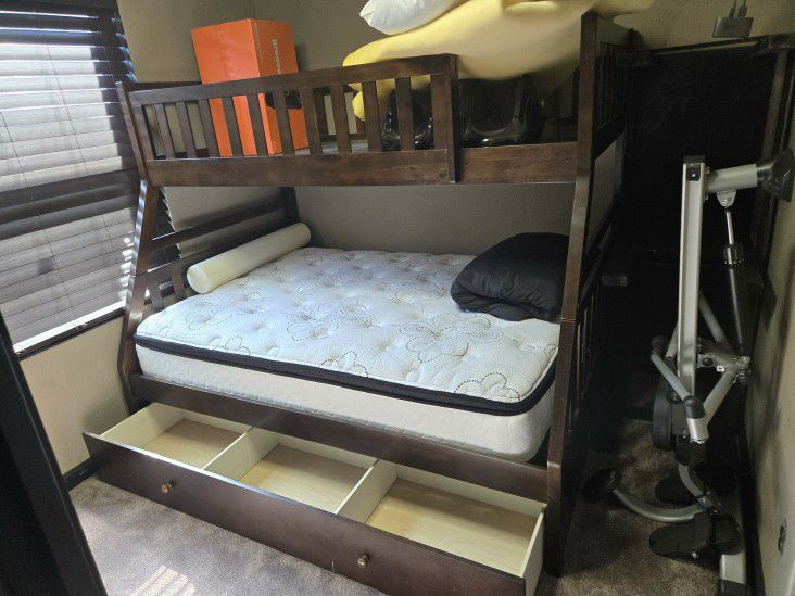 Dark Stain Bunk Bed With 3 Slot Storage Space 