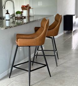 26” High Back Leather Swivel Bar Stools Set of 4, Counter Height Bar Stools with Metal Legs, Height-Adjustable Upholstered Faux Leather Barstools for
