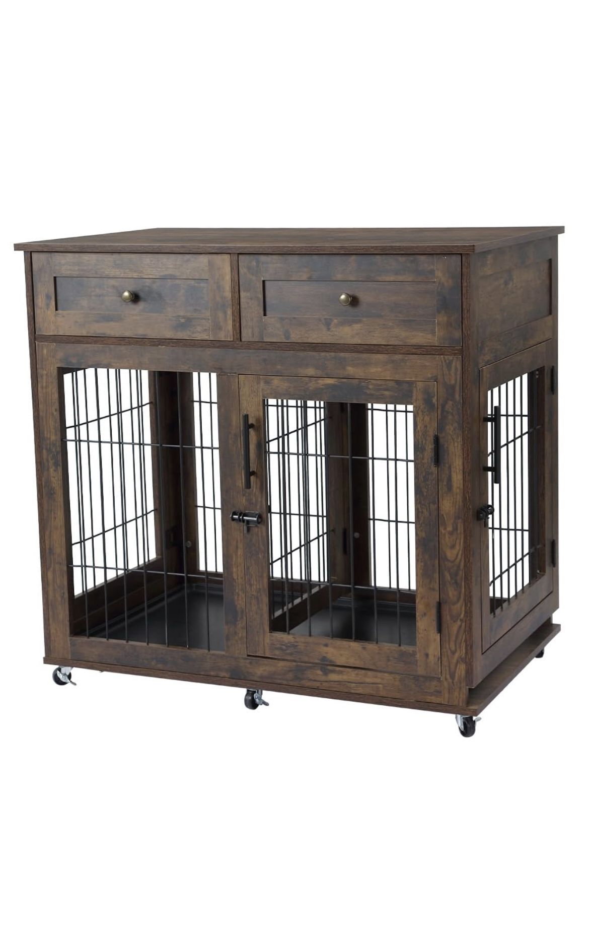 Dog Crate Furniture with Drawers,2 Rooms Dog Kennel Crate with 360°Rotatable Wheels,Dog Crate End Table with Tray,Double Dog Cage Dog House Indoor Rus
