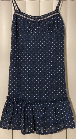 Woman’s Ruffle Mini Dress Size Small Blue White Polkadot Ribbon Bow Summer Cute