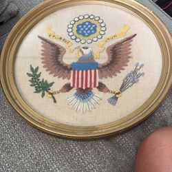 Vintage Hand Embroidered American Eagle Gold Framed E Pluribus Unum 13” Round