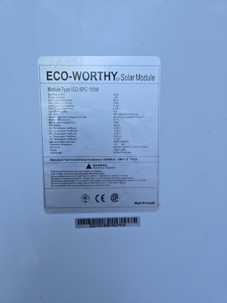 Eco Worthy 100 Watt Solar Panel New