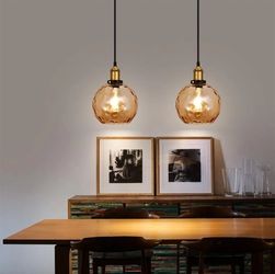 Set Of 2-Kitchen Island  Pendant Light Amber Hammered Glass Lamp  Fixture Adjustable Cord Ceiling Lamps for Hallway Kitchen Sink Dining Table Entrance