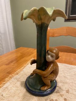 Majolica Monkey & palm tree ceramic candle holder. 13.5 inch .Vintage / retro / tropical/ cottage.