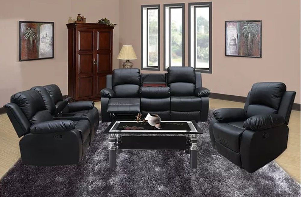 Reclining set 3pc Black leather