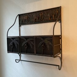 Tropical/elephant Metal Set Of 3, Towel Rack With Drawers, Wall Rack, And Garbage Can.  $70 For Set