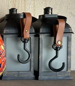 Halloween Decorations – Set of 2 Distressed Black & Gold Lanterns, 8 in, Battery Operated