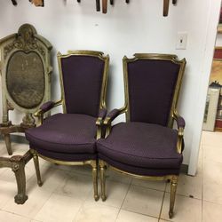Set of Two Wood frame Purple Fabric Arm Chairs