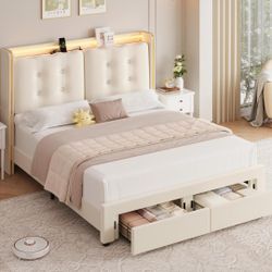 Upholstered Queen Led Bed Frame with Charging Station and Storage Drawers, Velvet Princess Platform Bed Frames with Crystal-Button Tufted Headboard fo