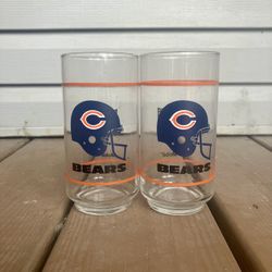 Pair Of Chicago Bears 1980s Tall Drinking Glasses By Mobil Gas - Brand New