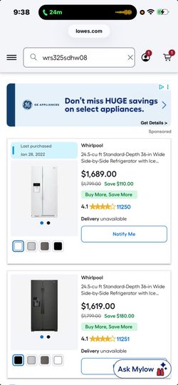 Whirlpool 24.5-cu ft Standard-Depth 36-in Wide Side-by-Side Refrigerator with Ice Maker ,Water and Ice Dispenser ( White )