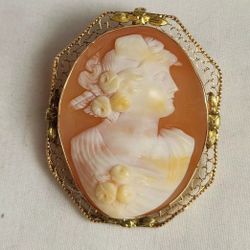Big 10k Yellow Gold Cameo Brooch Pendant Pin