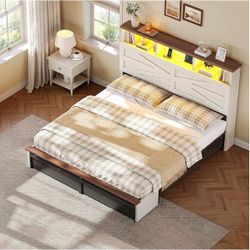 Queen bed frame, Farmhouse Bed Frame with Barn Door Headboard and Storage, Wood Platform Bed Frame Queen Size with Charging Station and LED Lights, N