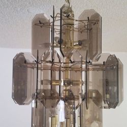 VINTAGE 3 Tier Star Etched Smoked Glass CHANDELIER 